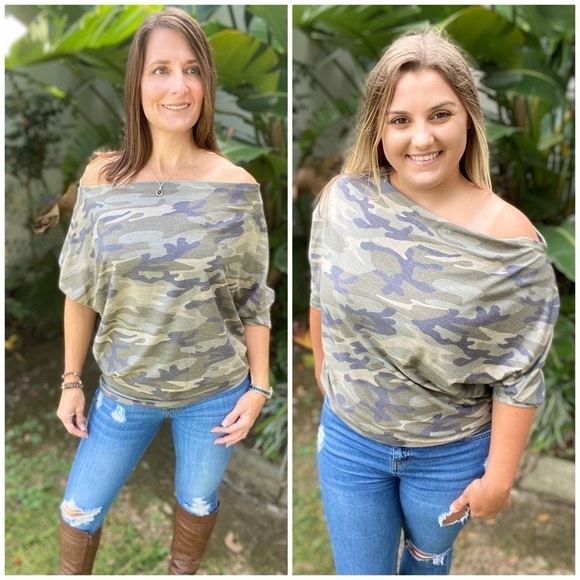Off Cold Shoulder Camouflage Dolman Green 4420 - Picture 2 of 8